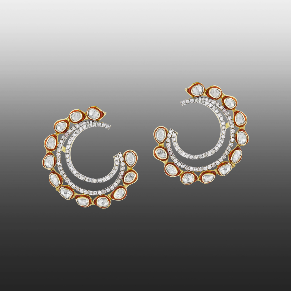 Polki Circular Earrings with Double Arcs and Sparkling Diamonds
